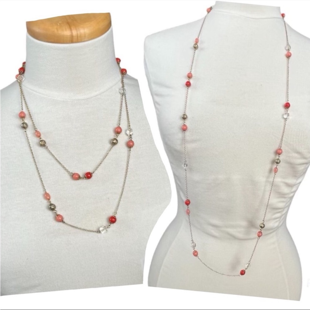 Necklace Beaded Gold Tone Long Delicate Chain Peach Coral Beads